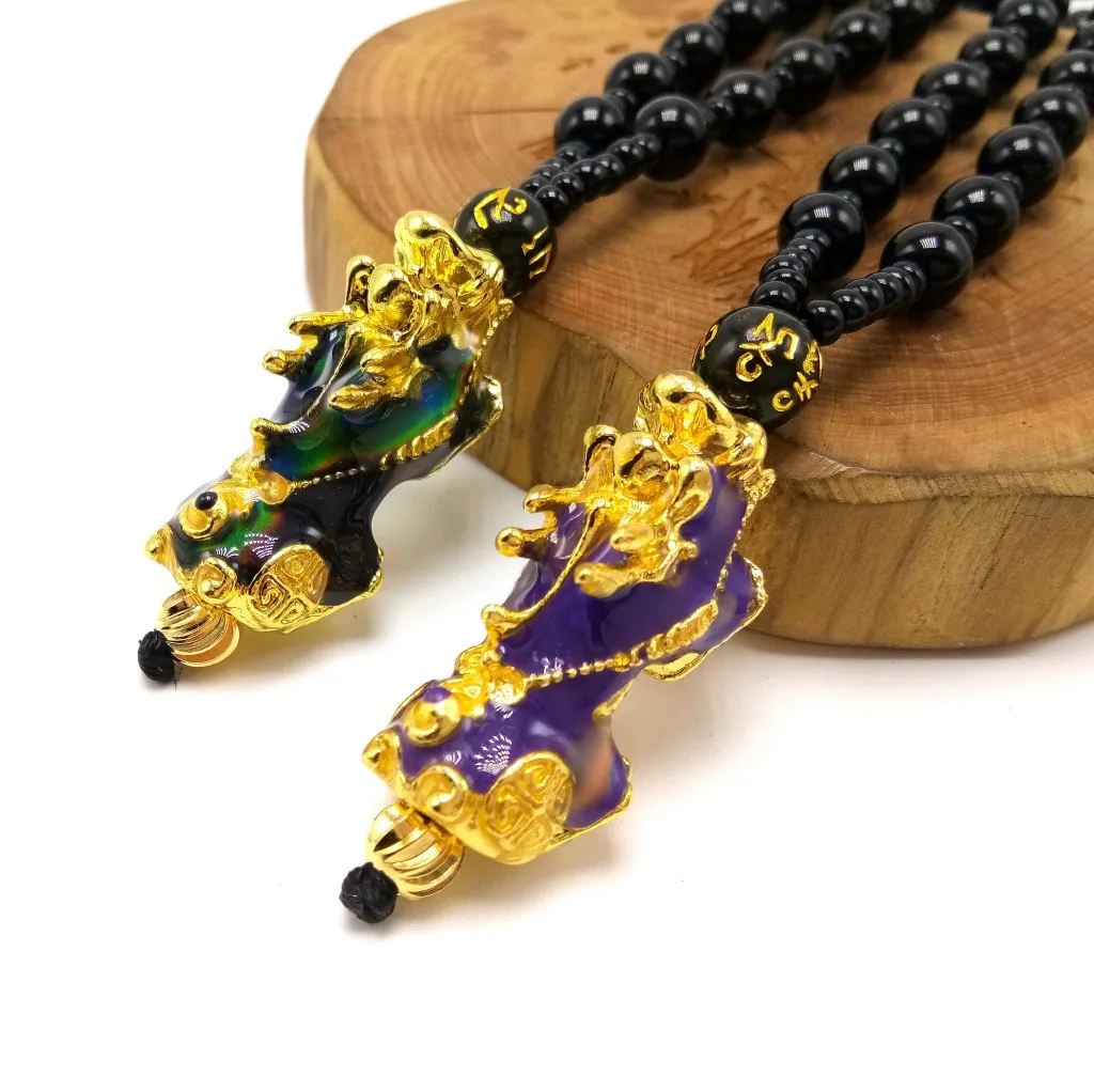 

Hot Sale Feng Shui PIxiu of temperature-sensitive discoloration Necklace Black Obsidian Wealth Jewelry Dragon Good Luck Necklace, As the picturs