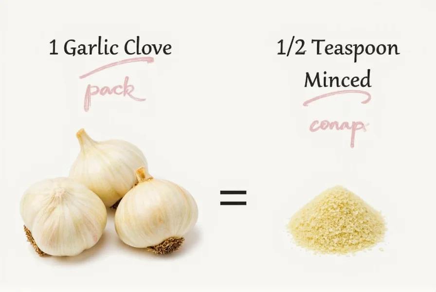 Visual comparison of garlic clove sizes next to teaspoon measurements