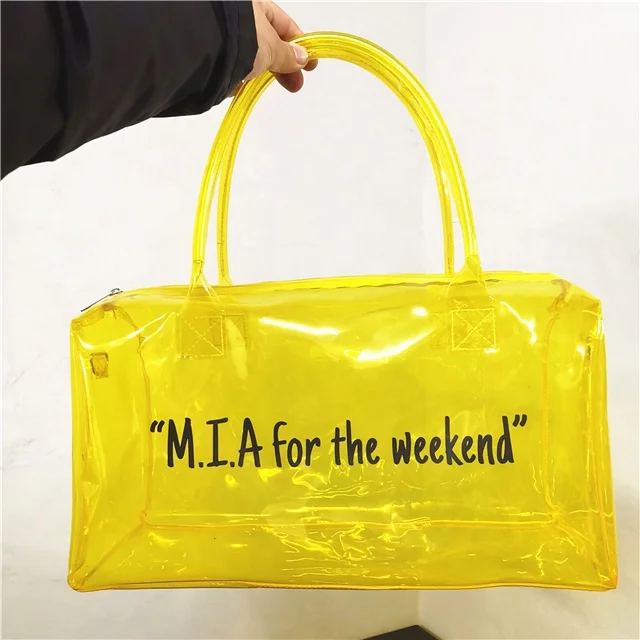 

Fashion Waterproof Jelly pvc clear duffle bag Colorful Clear PVC girls duffle bag with the saying M.I.A for the Weekend, Customers' requirement