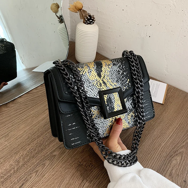 

Bags ladies 2021 new arrivals vintage america fashion crossbody messenger bag snake printing retro chain small square bag, White, yellow, blue, black, pink