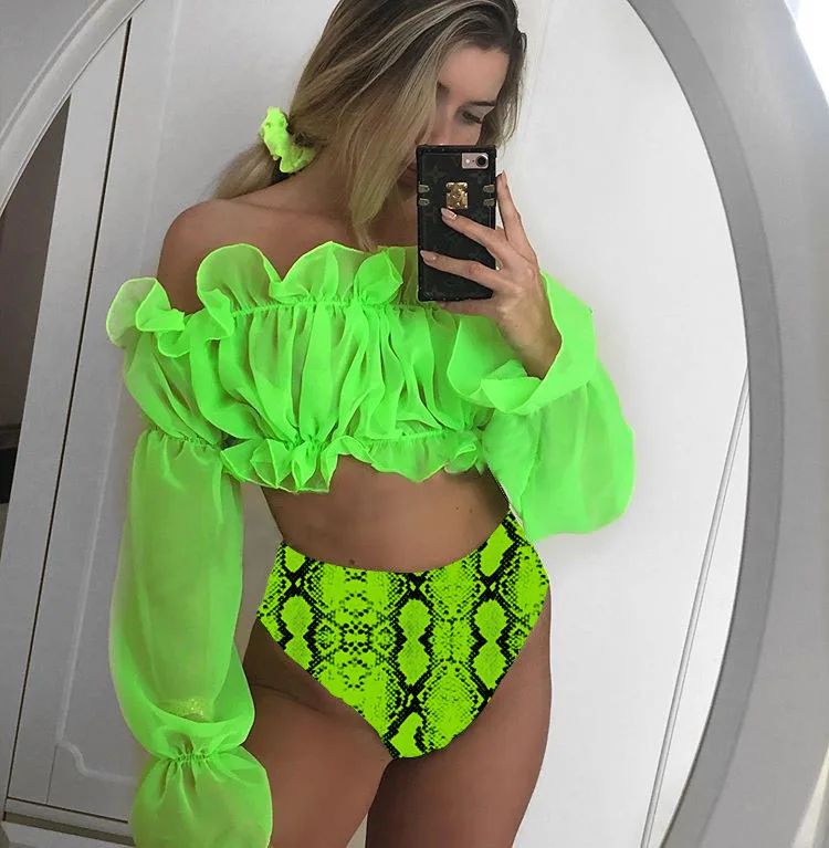 

2020 New Chiffon Long Sleeve Lace Bikini Snake Print Sexy Split Swimsuit biquini Bathing Beachwear for sexy swimwear women