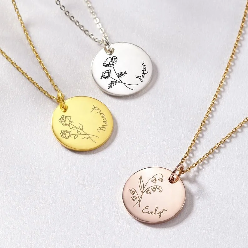 

Mother Day Gifts 2021 Stainless Steel 18k Gold Plated Jewelry Custom Tiny Coin Pendant Engraved Name Birth Month Flower Necklace