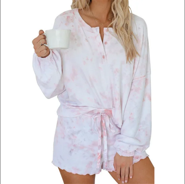 

Women's Pajamas Tie Dyed Print Short Sleeve Pullover High Waist Drawstring Shorts Pajama Set 2 Piece Sleep Wear, Customized color