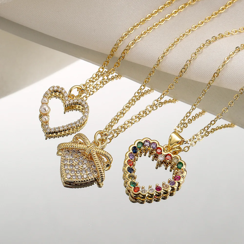 

French Female Fashion Temperament Versatile Elegant Zircon Pearl Love Charm Chain Colorful Heart Pendant Necklace