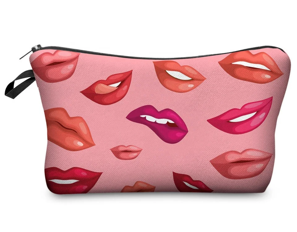 

3D Lips Print Travel Toiletry Bag Canvas Zipper Cosmetic Bag Makeup Pouch Handbag Pencil Case Multifunctional Makeup Bag