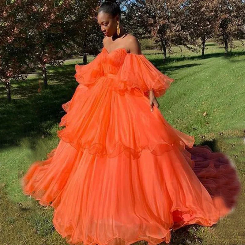 

Long Formal Sweetheart Puffy Sleeves Tiered Tulle Orange Prom Dresses, Custom made