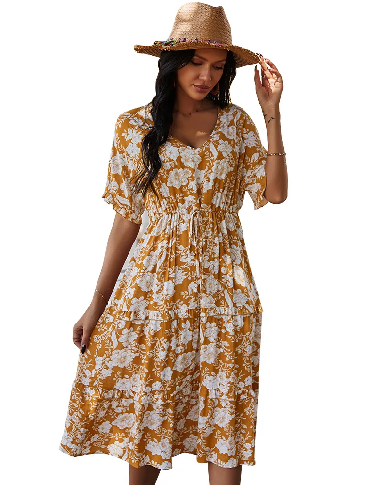 

Chic Lace-up Summer Dress V Neck Floral Print Holiday Dresses Short Sleeve Beach Boho Sundress Sweet Cute Dress