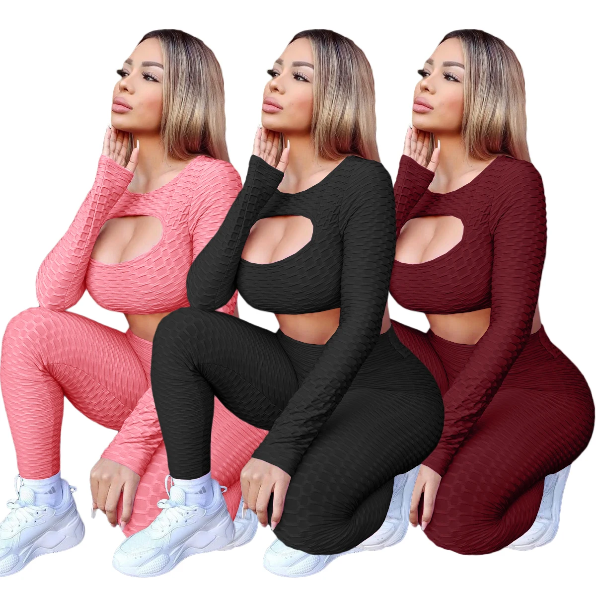 

Wholesale New Design Women Sexy Hollow Out Gym Jogger Running Yoga Two Piece Set Butt Lift Womens Bubble Textured Scrunch Set, Picture color