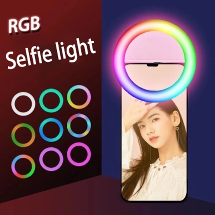 

Mini RGB Portable Rechargeable Live Phone Led selfie ring light selfie circle light for phone, Black, white, blue, pink