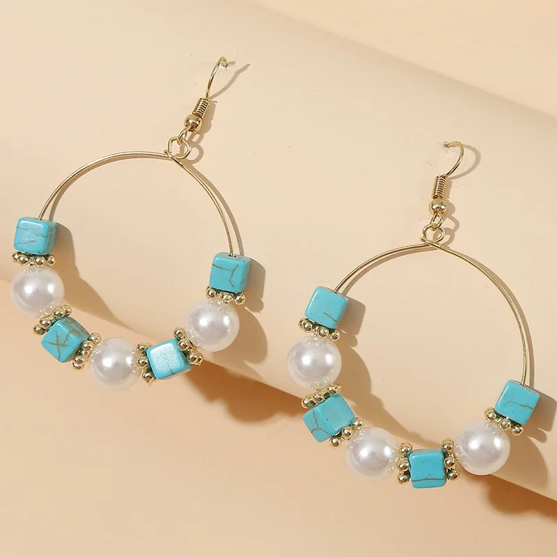 

European and American Handmade Geometric Pearl Stone Earrings For Women, As picture show