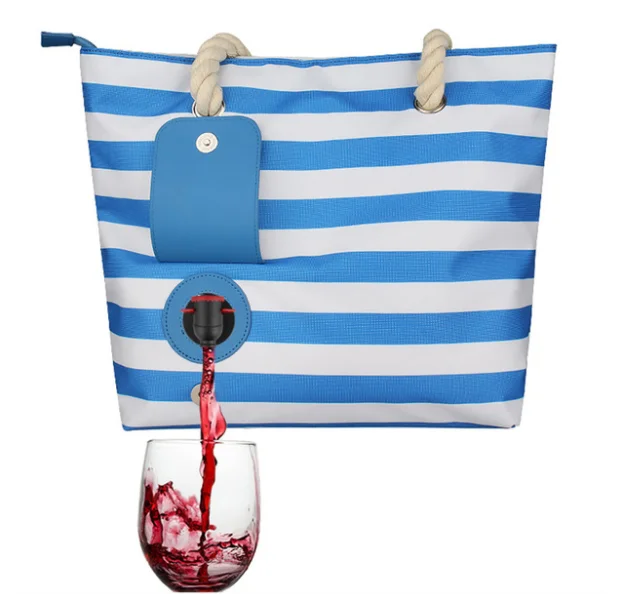 

New thermal insulation removable insulated wine bag portable picnic red wine cooler bag striped beach wine tote bag, Nature/customized color