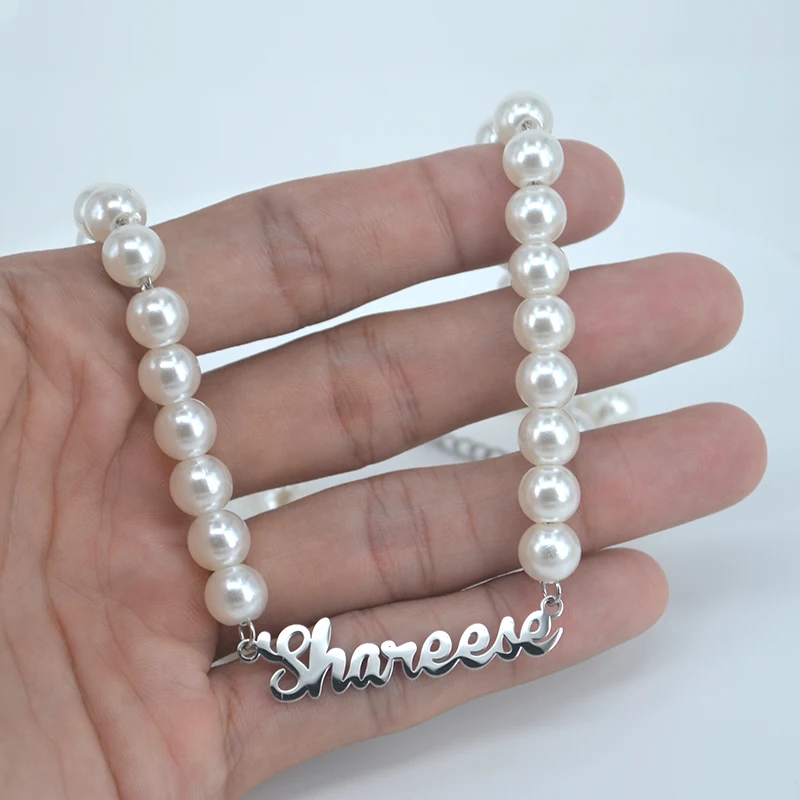Custom Name White Pearl Chains Necklace for Women Stainless Steel Jewelry  Personalised Name Letter Pendant Choker