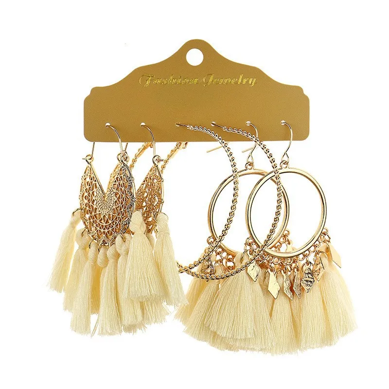 Bohemia Style Tassel Hoop Drop Earrings Set 3 Pairs