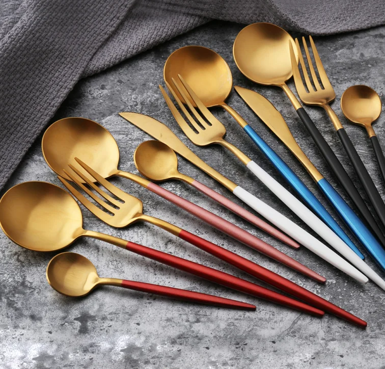 
Wholesale high quality 4 piece cutlery set sanding polishing gold black cutlery set dinnerware fork and knife set 