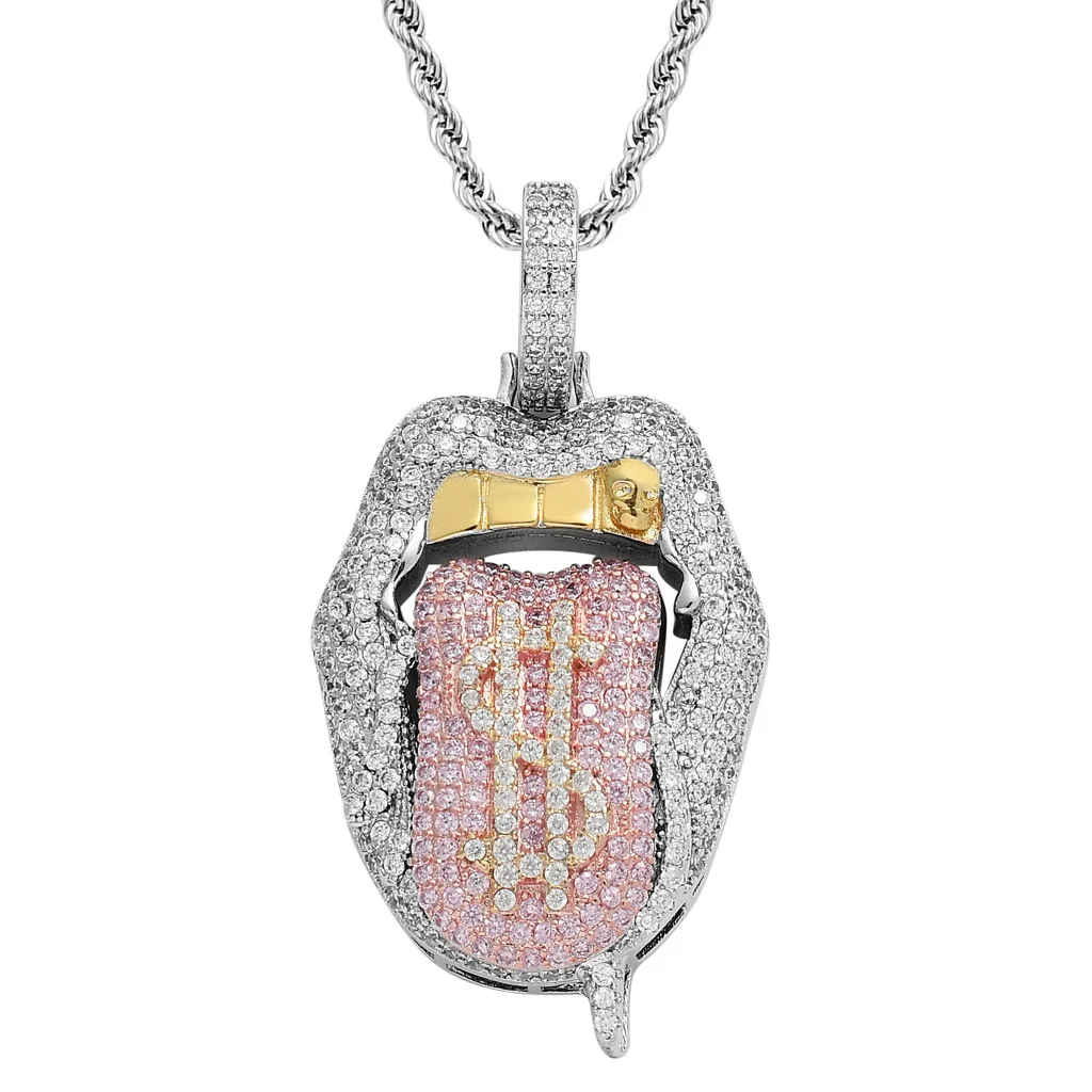 

New Style Micro Pave 5A Cubic Zirconia CZ Iced Out Bling Women Girl Jewelry Tennis Chain Dollar Lip Pendant Necklace