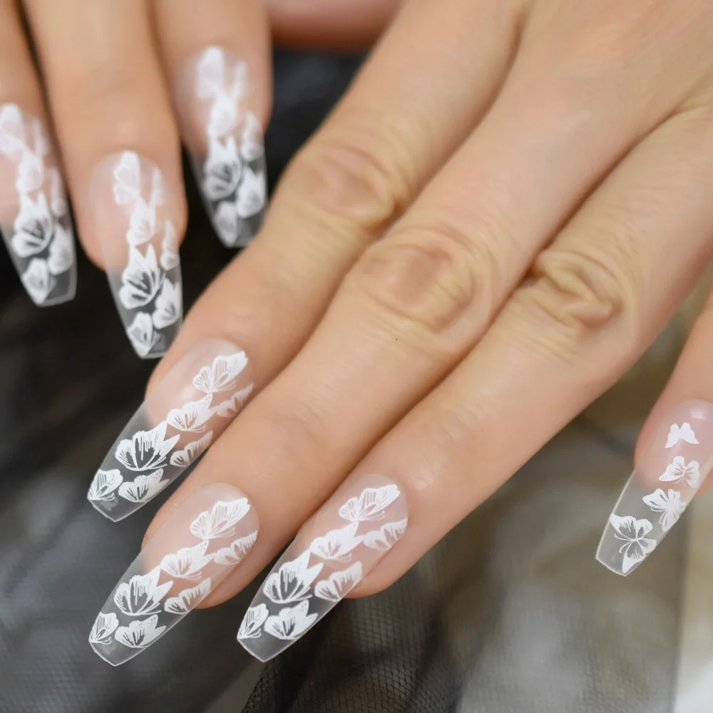 

Long Transparent Lady Coffin Nail Tips Butterfly Pattern Elegant Salon Artificial Manicure Full Cover Ballerina Nails L5612