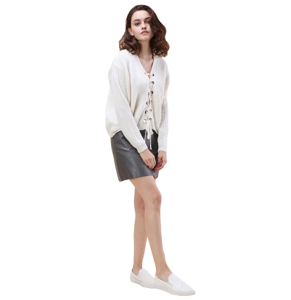 

2020 wholesale winter long sleeve V neck ribbed pullover sexy front lace-up fashion women sweater, Customized color