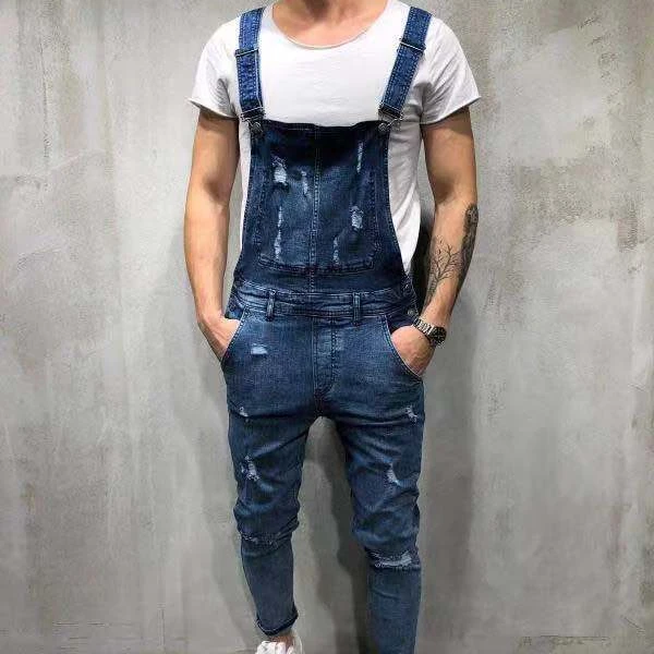 

In Stock Popular Mens Jumpsuit Denim Suspender Overalls For Men With Ripped Plus Size Stretchy Jumpsuit For Men