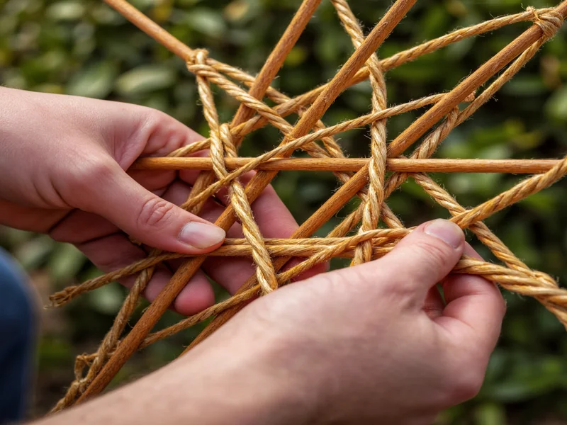 Close-up of hand weaving sticks into star pattern with twine