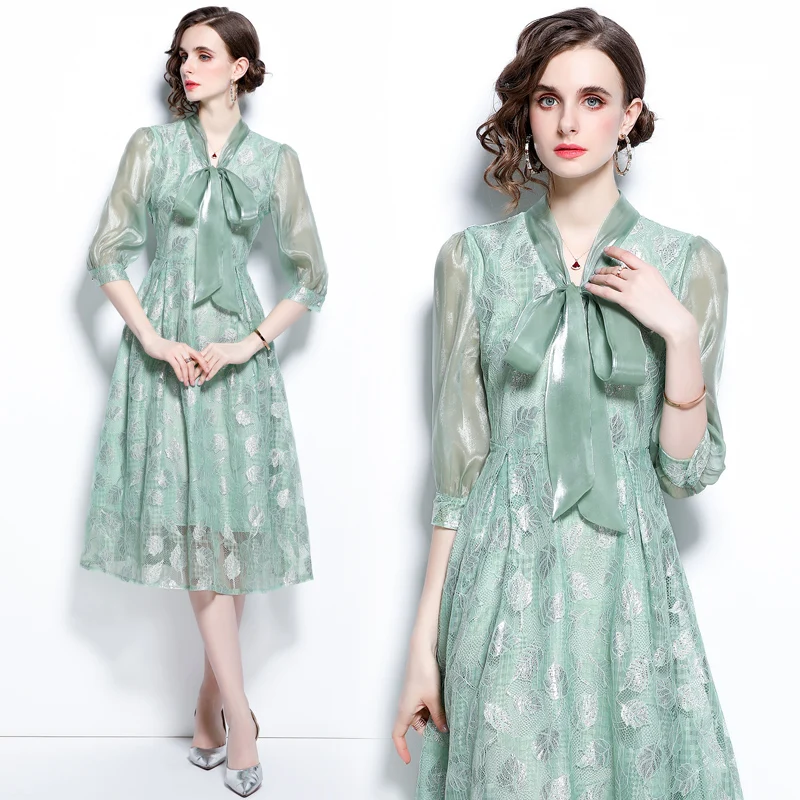 

Green French floral skirt maxi dress ladies summer dress 2021 new skirt temperament gentle wind lace tight waist dress