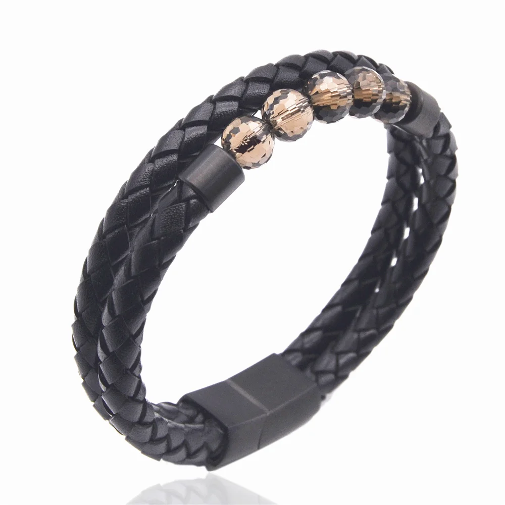 

OEM ODM Wrap Braided Black Rope Stainless Steel Jewelry Personalized Customised Mens Genuine Leather Bracelets New with Buckle, Silver, black, customized color