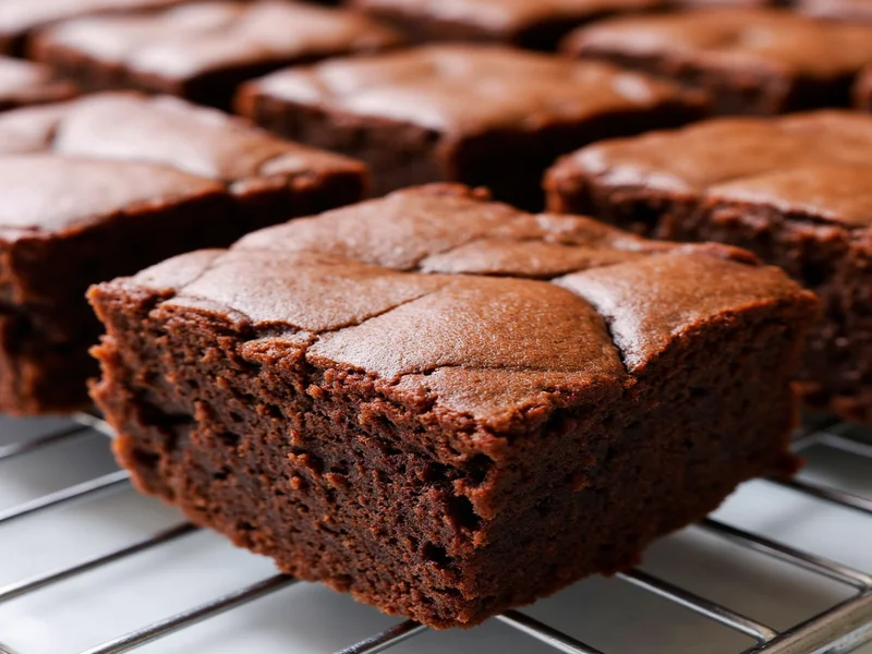 Fudgy homemade brownies with crackly top on cooling rack