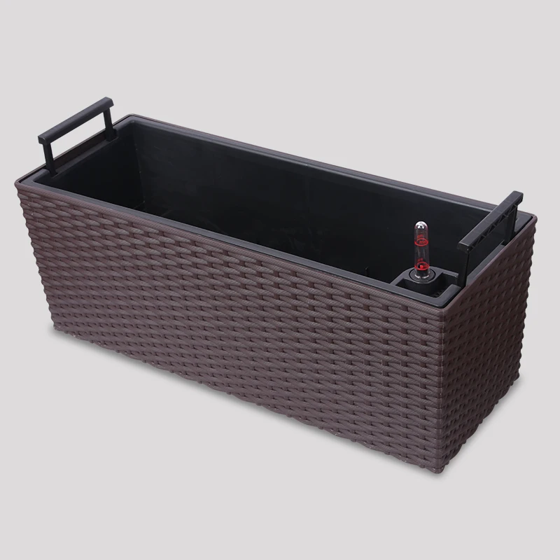 

black white long flower pot trough planter box with self watering reservoir and indicator, Custom color