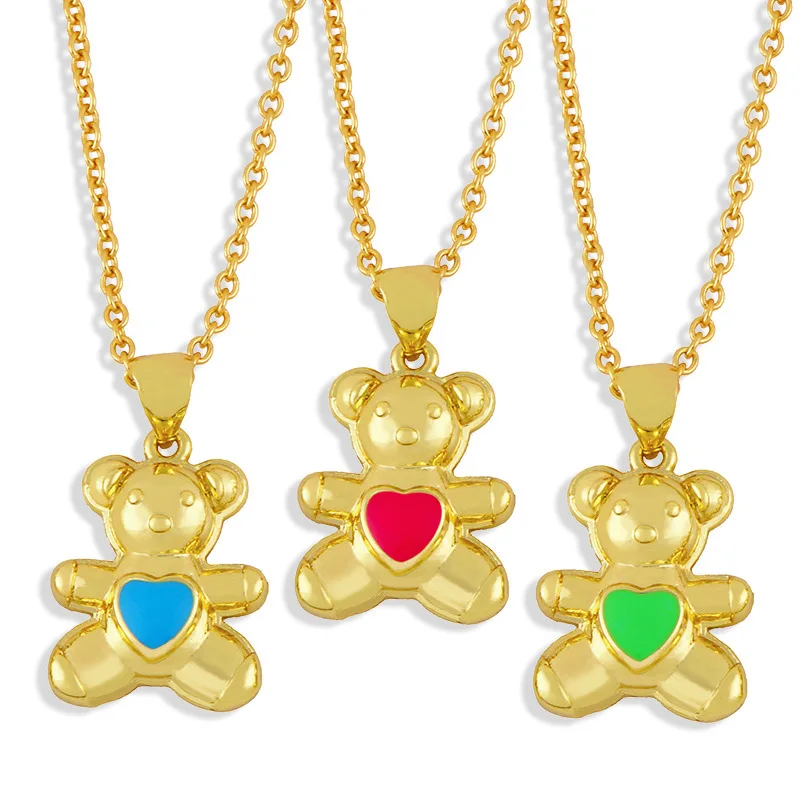 

NK-1087 Wholesale 2021 Summer Cute Gold Chain Choker Enamel Teddy Heart Animal Gummy Bear Necklace For Kids