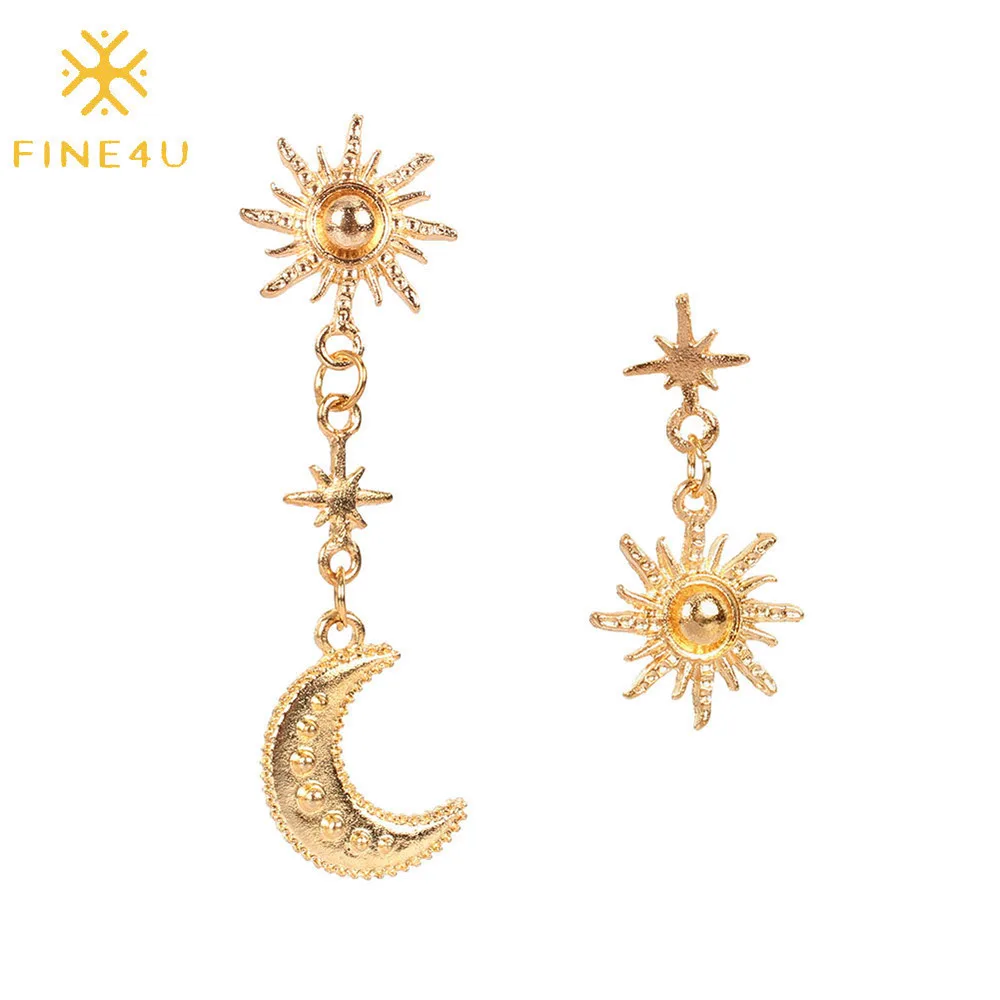 

Vintage women fashion asymmetric gold plated alloy drop star moon earrings