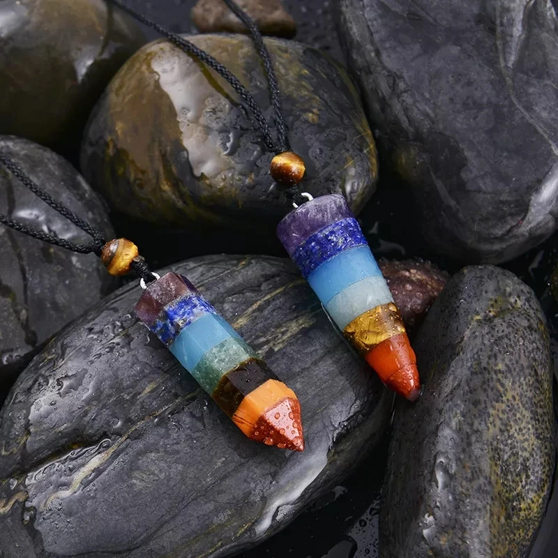 

NUORO Natural 6 Facet Healing Crystal Stone Pendant Necklace Reiki Hexagonal Stone Pointed Dowsing Pendulum Necklace, Multicolor