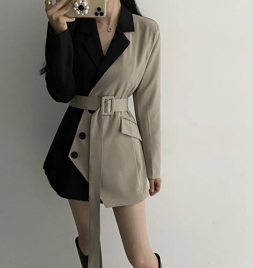 

Women Blazer Color Matching Bandage Patchwork Blazers And Jackets Asymmetry Vintage Plaid Suit Coats 2022 Fashion