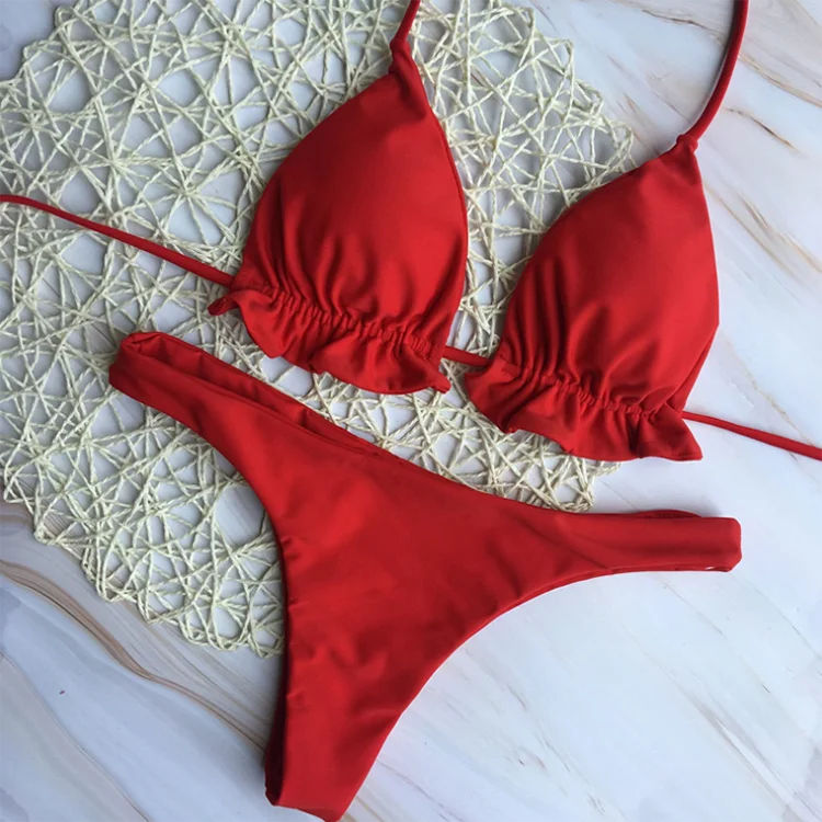 

High Quality Custom Beach Cover ups Halter Strap Womens Two Piece Solid Swimwear Bikini, As show or customized
