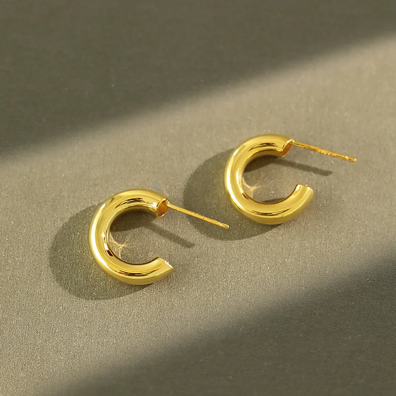 

S925 Sterling Silver Round Circle Hoop Earrings Gold Tone 925 C Hoop Earrings, Gold silver