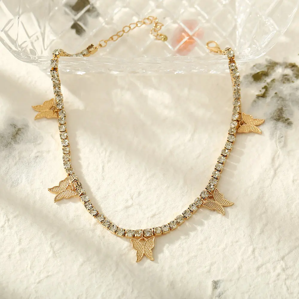 

51388 Copper Plated Gold Cute Butterfly Necklace Choker Zirconia Crystal Fashion Women Collar Chain Lovely Butterfy Necklace