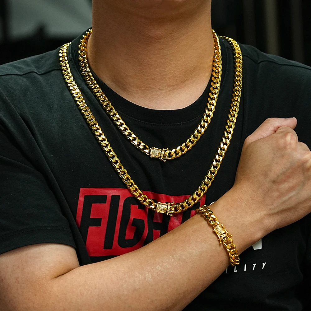 

Hip Hop Cadena Cubana Gold Plated Diamond Cuban Link Chain Bracelet And Necklace Jewelry Set For Men