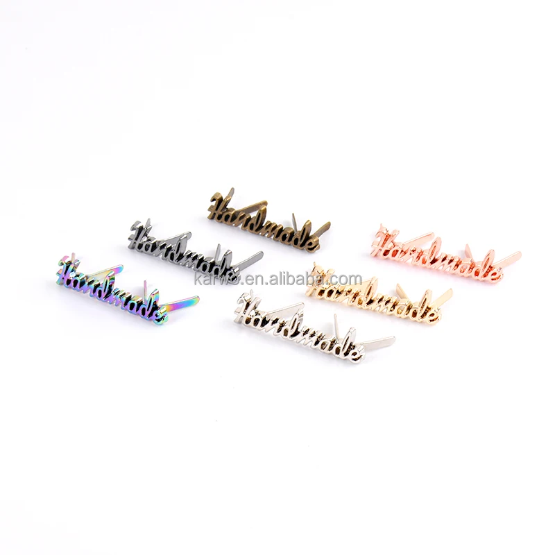 

Karwo Customized Handbag Handmade Label, Luggage Metal Logo With Words, Rainbow,gunmetal, light gold, nickle, bronze