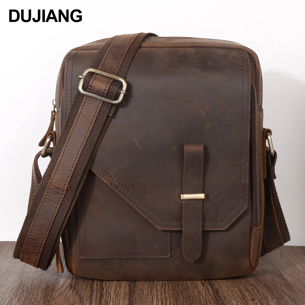 

DUJIANG Custom Logo Casual Genuine Leather Men Vintage Business Boys Cell Phone Single Shoulder Bag Crossbody Messenger Bag, Brown, coffee