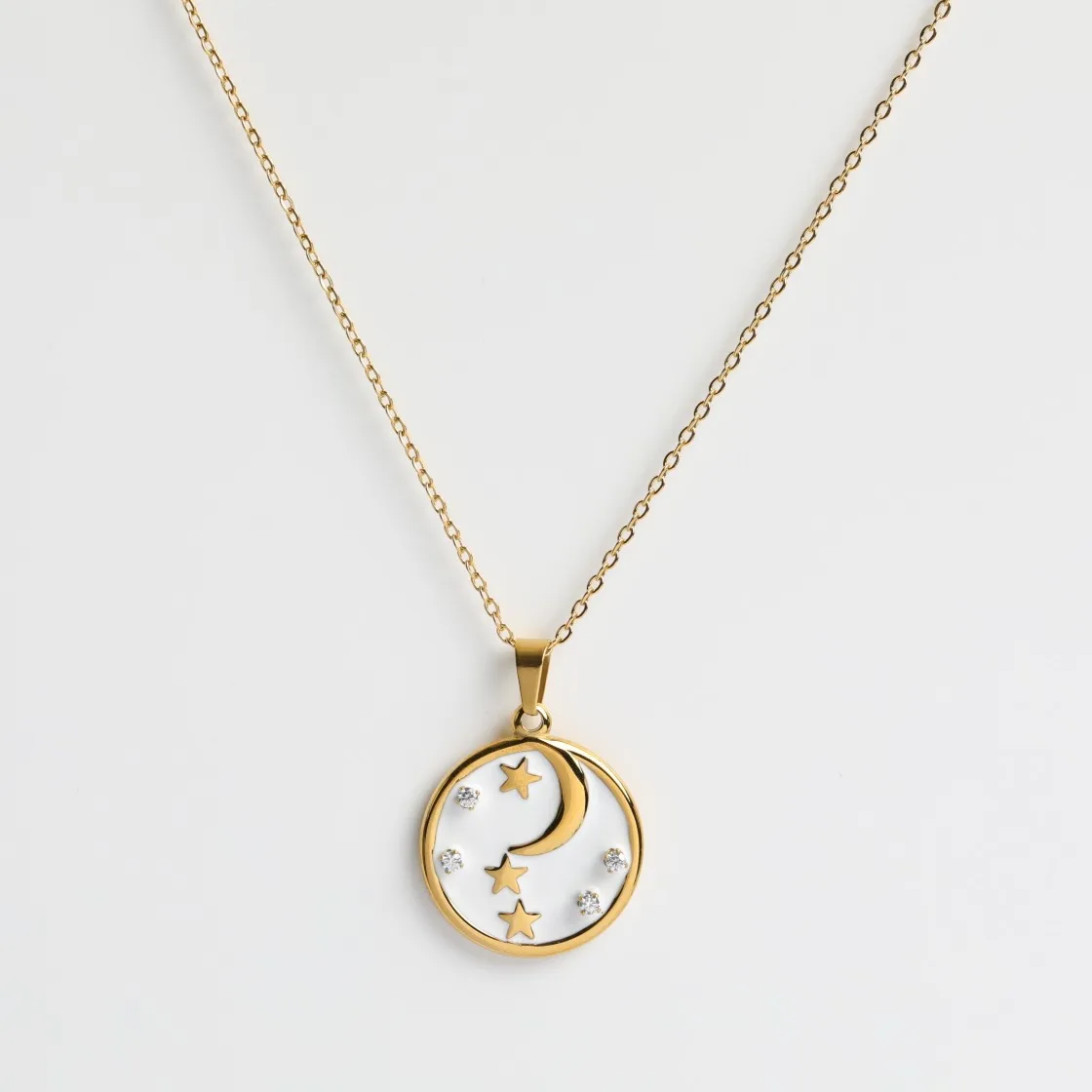 

Fashion High Polished Gold Plated Moon Star Pendant Necklace Stainless Steel Enamel Round Moon Necklace