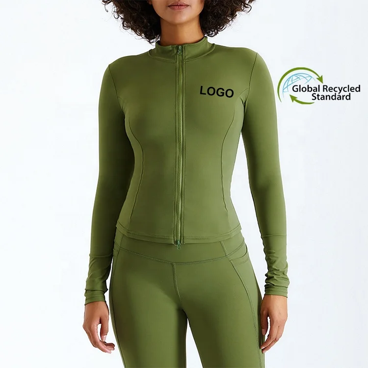 

Recycled yoga set lulu sportswear long sleeve women sports jacket and pants, 4 colors or custom