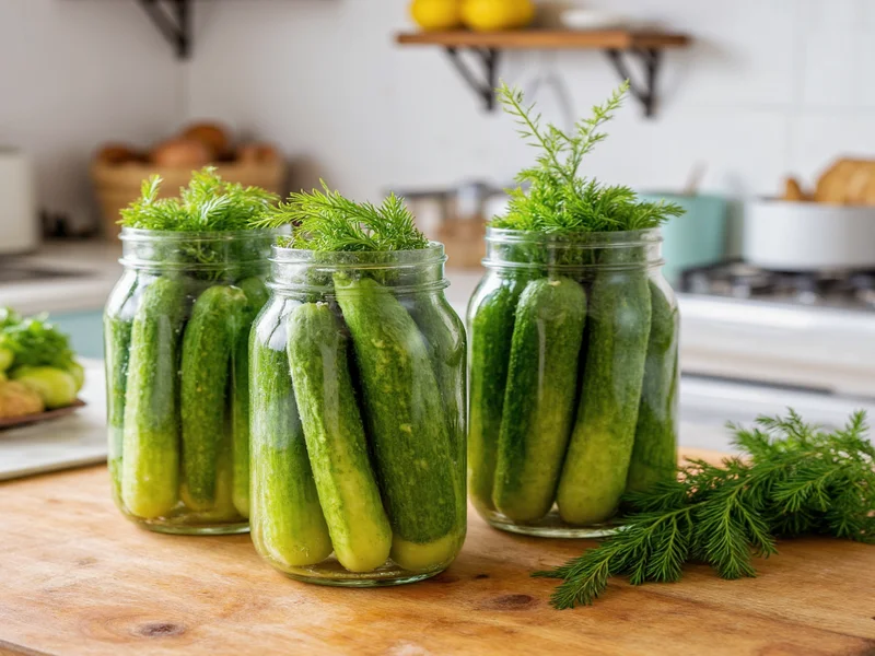 Mason jars filled with cucumbers and dill in kitchen