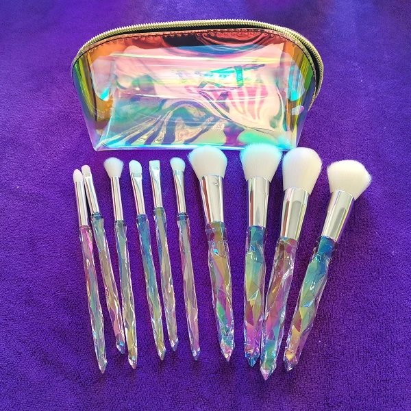 

Custom Logo 20 MOQ transparent diamond clear crystal handle makeup brushes 10pcs rainbow face eye make up brush kit