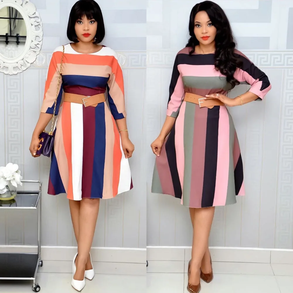 

2020 new style African women Rainbow print stripe dress with belt OL commuting plus size dresses Women casual Dress, Shown