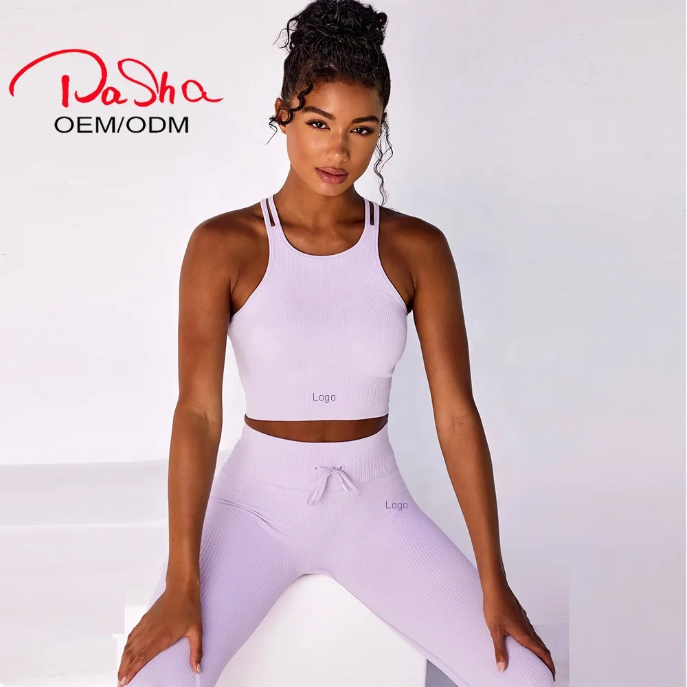 

Pashasunshine Summer Ladies Workout Clothes outfits Hot Women Sexy Sports Crop top Bra Drawstring Scrunch leggings Set, As picture