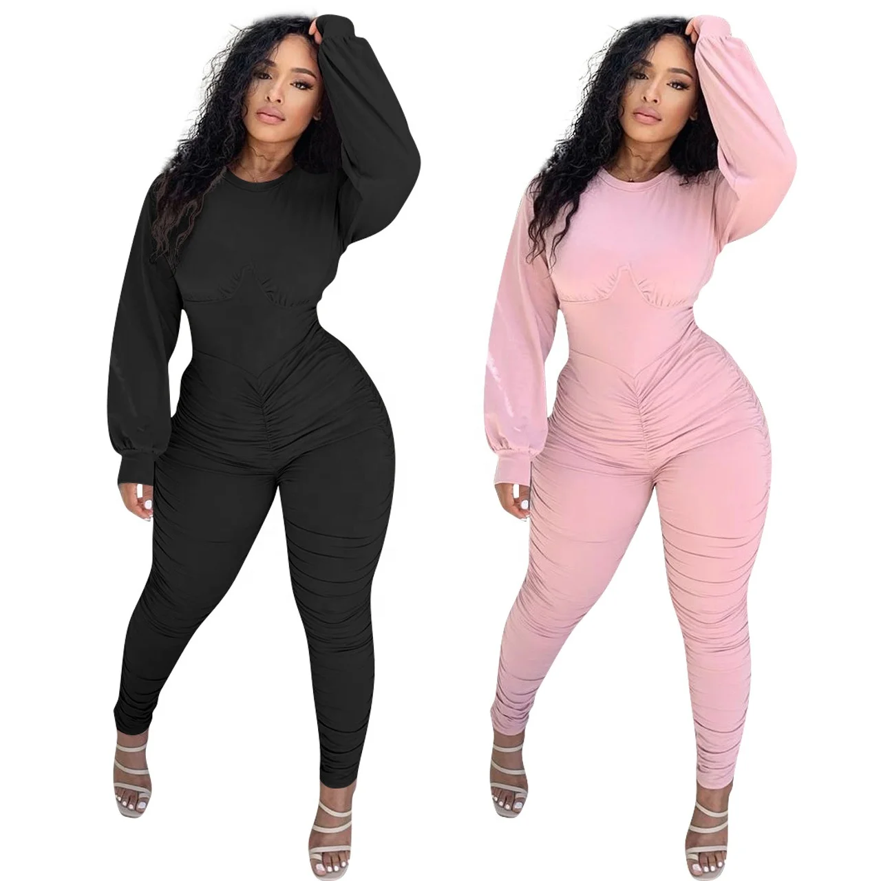 

B53597A Cross border women casual pleated fashion long sleeve autumn jumpsuit, Pink/black