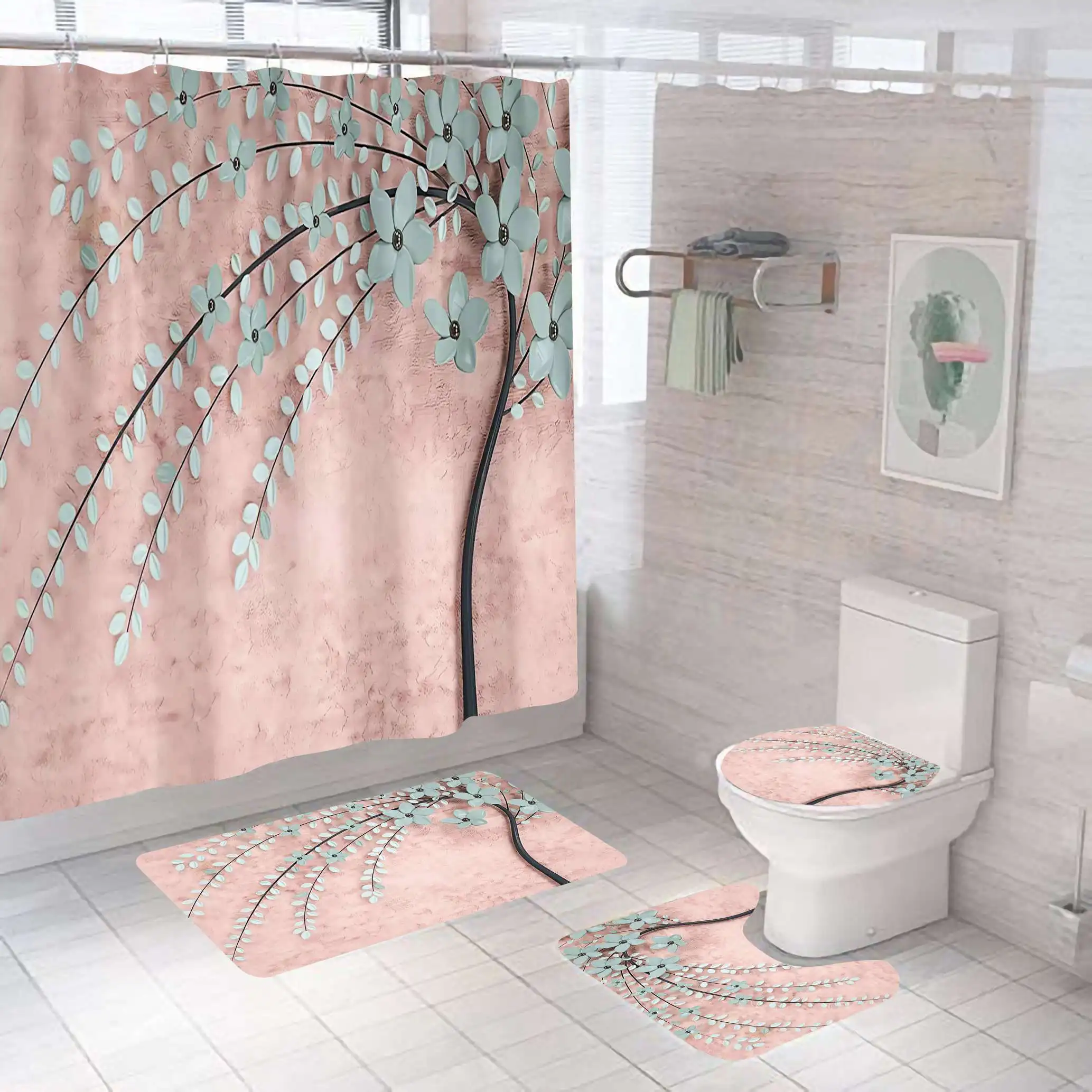 

Tree of life classy printed windproof water repellent partition tree shower curtain set