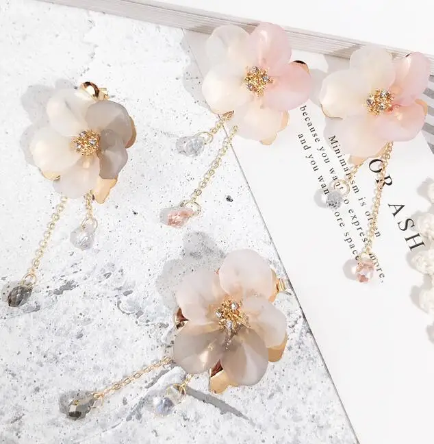 

The new Simple shell flower sweet tassel earrings frosted crystal long petals eardrop Women Drop earrings Jewelry