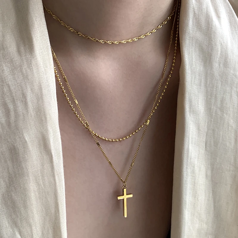 

3 Pcs/Set Water Wave Chain Cross Layered Necklaces Beads Linked Choker Necklaces for Women Religious Stainless Steel Jewelry Hot, Gold