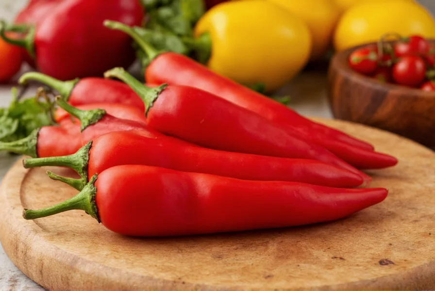 Close-up of vibrant red fresno chili peppers on a wooden cutting board with fresh ingredients