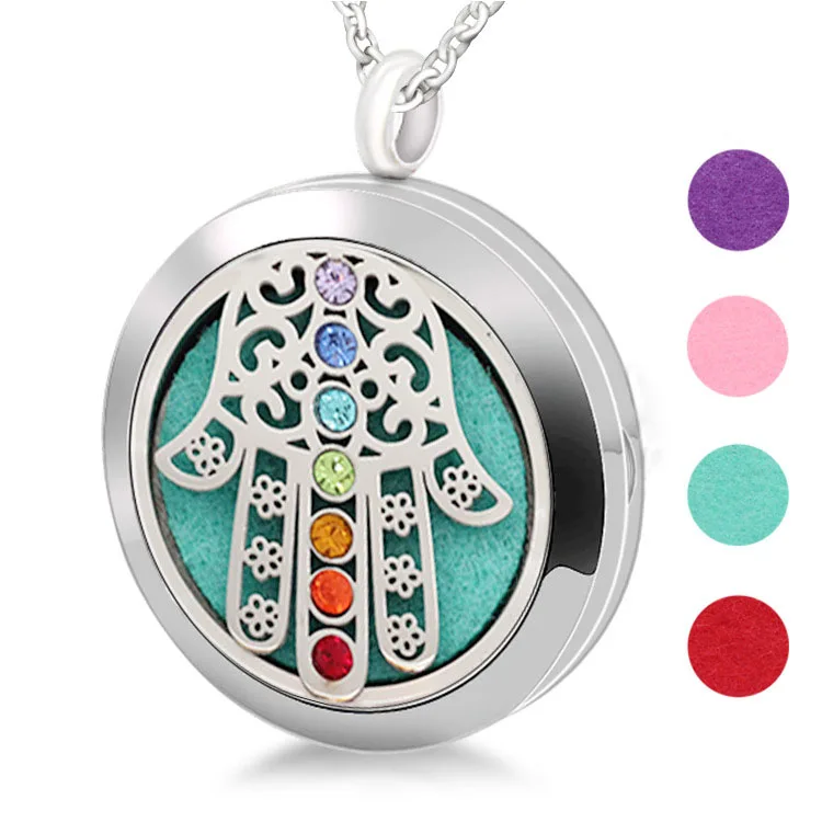 

Ruigang 6 pcs Pads 316L Stainless Steel Hamsa Hand Aromatherapy Diffuser Locket Pendant Necklace, Picture