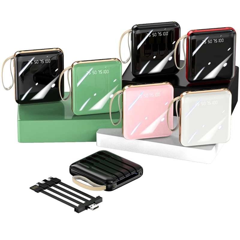 

Factory wholesale with 2USB Output Comes with 1 to 4 output charging cable mini 10000mah power bank 20000mah, Black,red,electroplating:black,white,pink,green